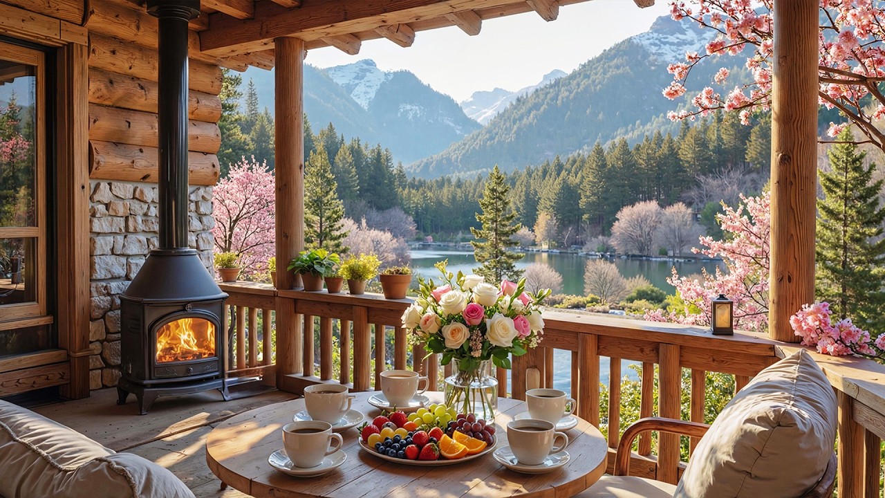 Cozy Spring Porch Ambience 🌿 Smooth Piano & Crackling Fireplace for Relaxation