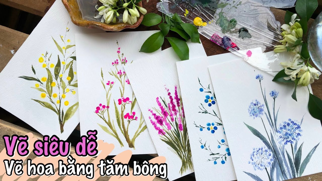 Cách Vẽ 5 loài hoa cực dễ bằng tăm bông | hướng dẫn chi tiết | watercolor painting of flowers
