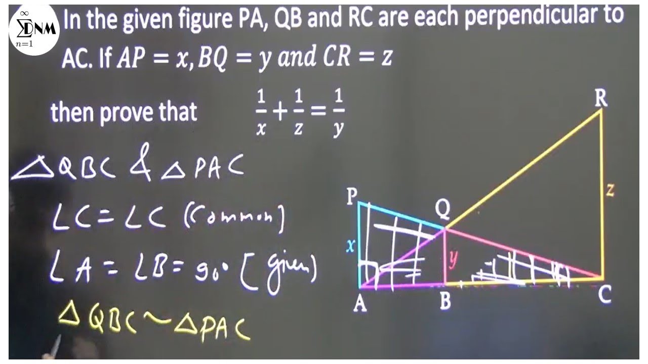In the given figure PA, QB and RC are each perpendicylar  to AC. If ... then 1/x +1/z =1/y