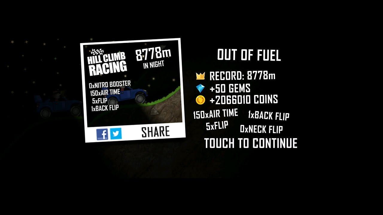 Hill Climb Racing: 8778m in Night on Rally Car (no boosters, no pets)