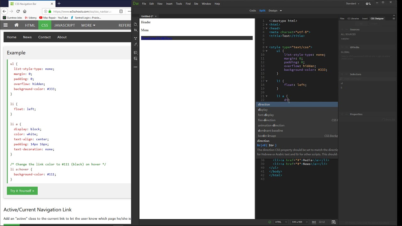 CSS Horizontal Navigation Bar in Dreamweaver CC 2019 Tutorial How To Create Menu Button