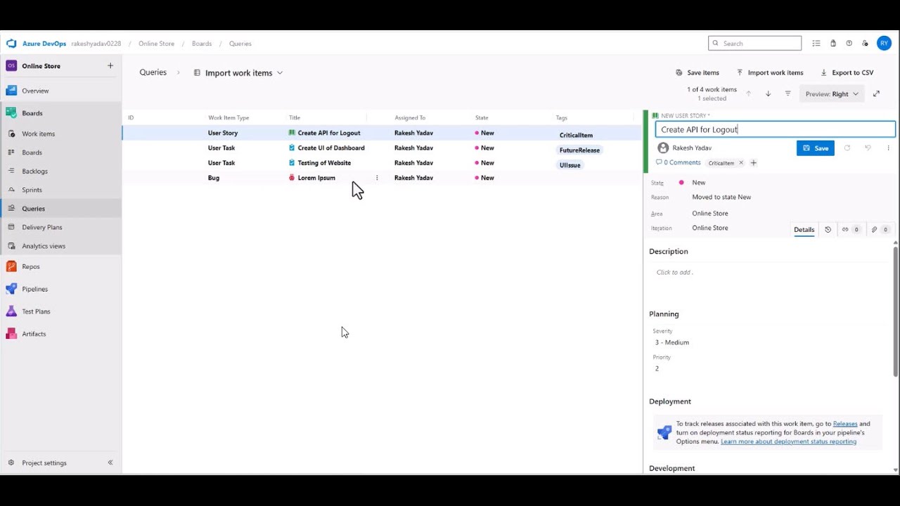 Import Export Bulk Work Items in Azure DevOps
