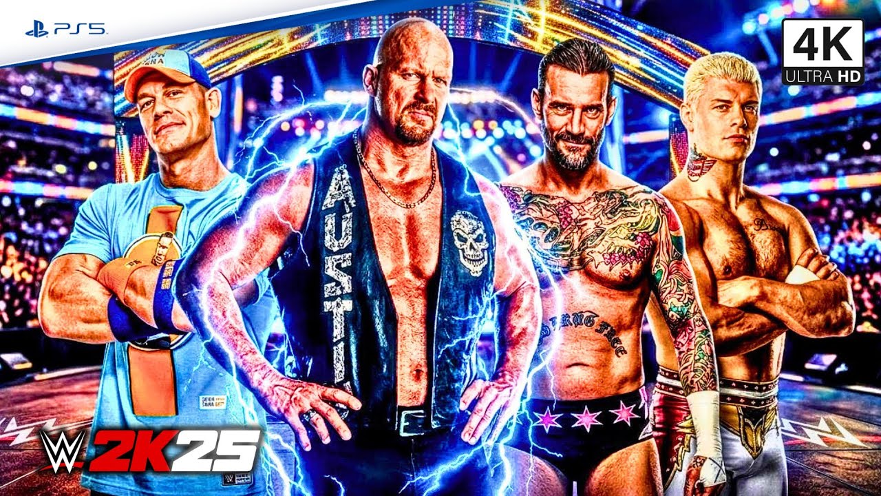 WWE 2K25 - Stone Cold Steve Austin vs CM Punk, Cody Rhodes & John Cena | Gauntlet War | PS5 [4K UHD]