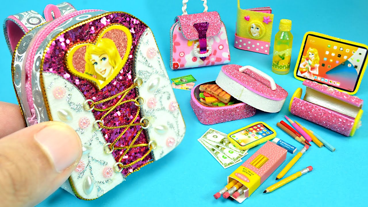 DIY Miniature Aurora School Supplies Dollhouse Hacks Backpack Purse Handbag Pencil Lunch Sandwich