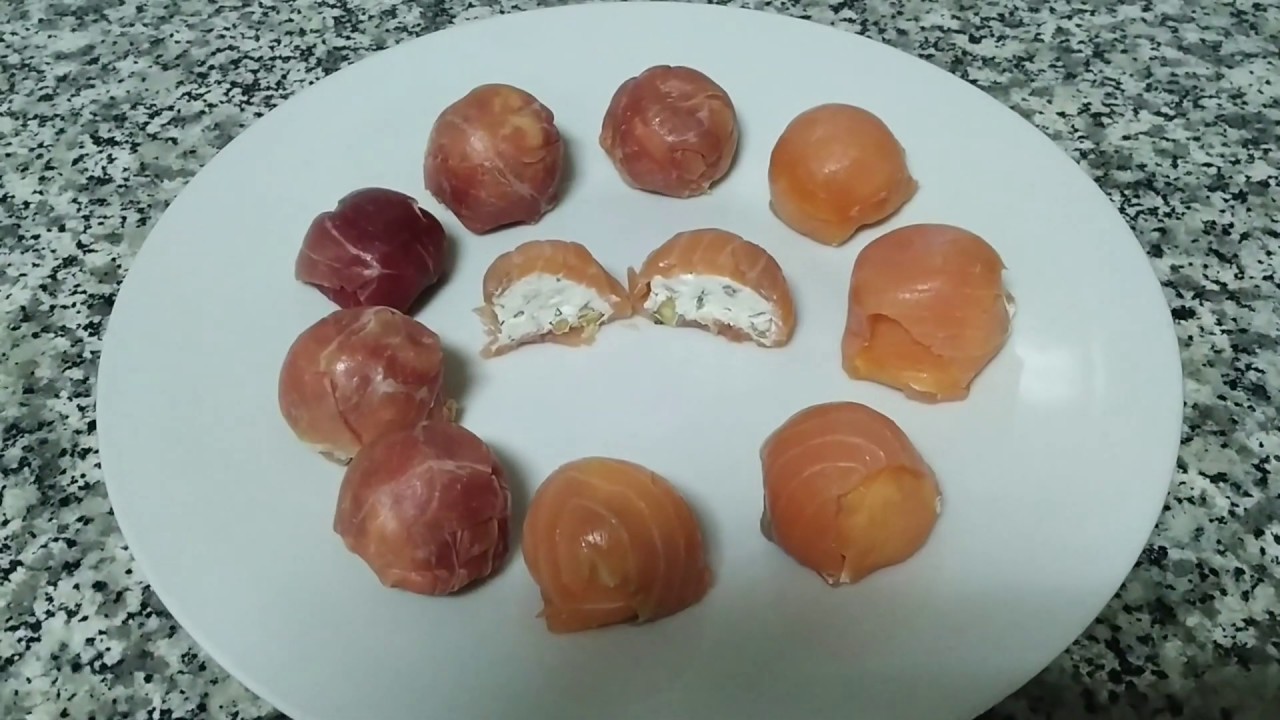 Bombones de jamón y bombones de salmón entrantes para las fiestas