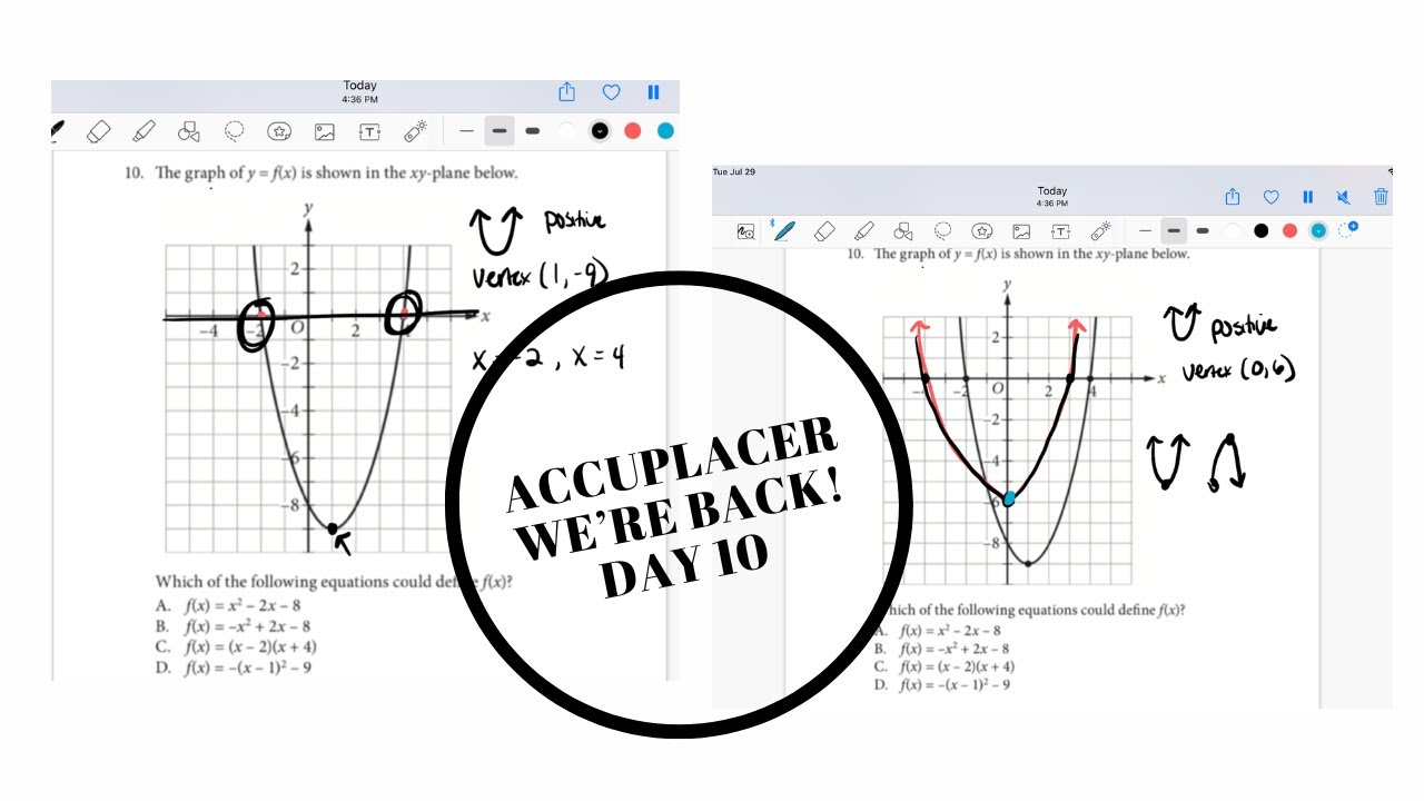 ACCUPLACER Math Test Prep (DAY 10) - Equations that define f(x), parabola, x-y plane