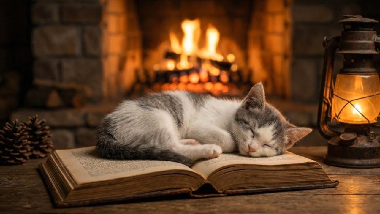 Instant Peace 🔥 Cozy Fireplace Sounds with a Sleeping Kitten.