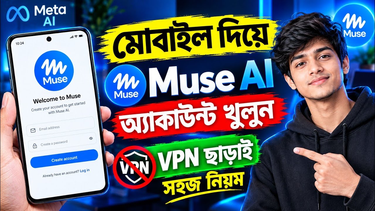 মোবাইল দিয়ে ভিপিএন ছাড়া Muse AI অ্যাকাউন্ট খোলার সহজ নিয়ম | Get 1 Billion Tokens | Muse AI Bangla 