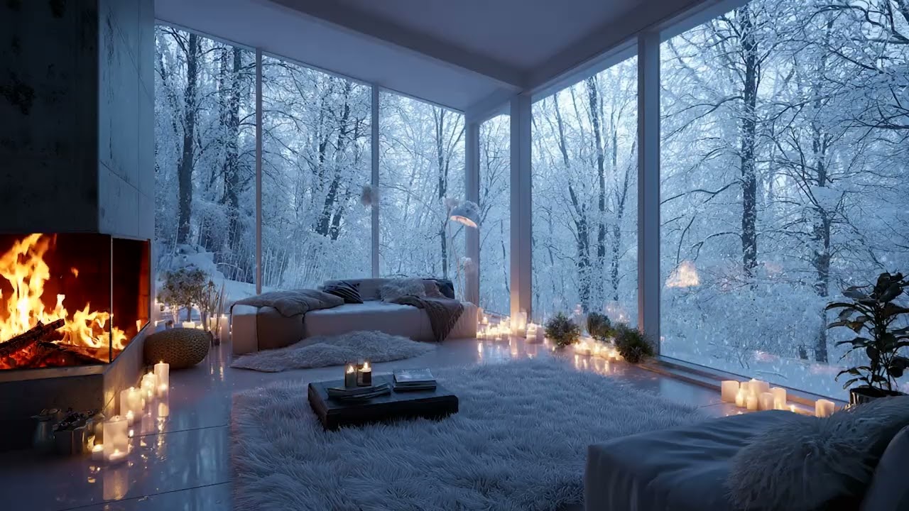 Cold Snow Wind Slowly Passing Outside the Window | Cozy Fireplace Sounds for Deep Winter Relaxation