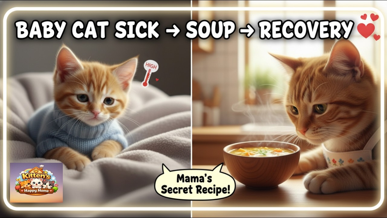 Baby Cat gets sick → Mama makes warm soup → recovery (emotional + cute) 🍛🍛