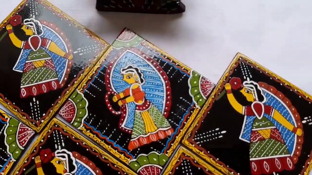 Authentic Tikuli Art Coasters - Set of 6 Square Coasters with Vertical Holder