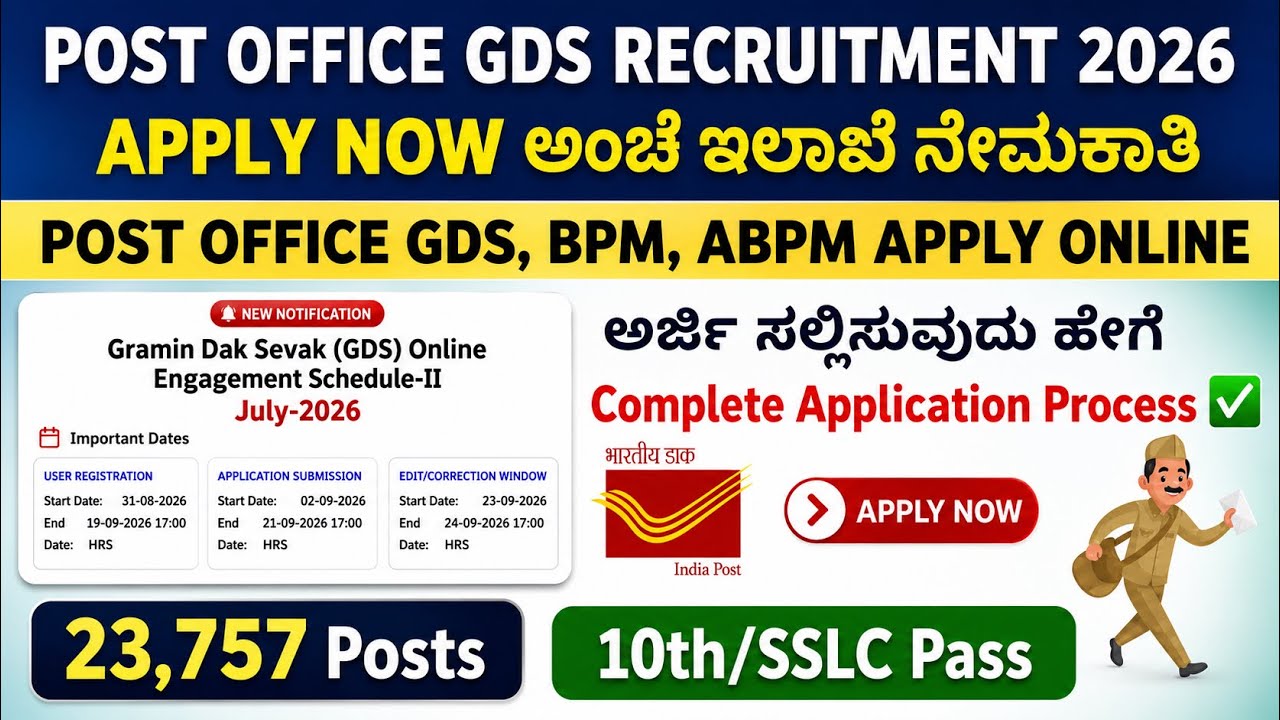 Post Office GDS Recruitment 2026 🔥 23,757 ಹುದ್ದೆಗಳು | 10th/SSLC Pass | GDS BPM ABPM Apply Online