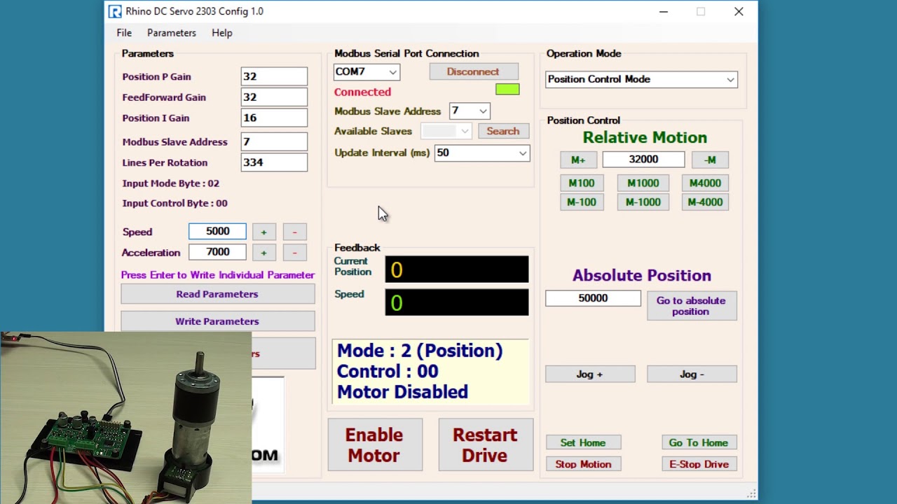 Configuration of Rhino DC Servo Driver (Modbus UART ASCII) with windows based 2303 Config software