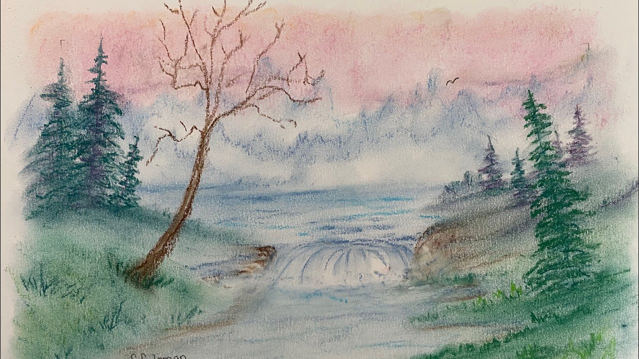 Misty Mountain Waterfall in Soft Pastels