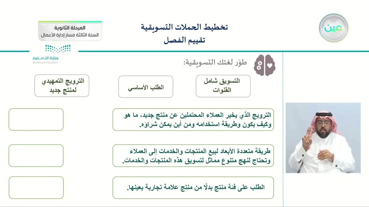 تقييم الفصل الخامس - تخطيط الحملات التسويقية (1-1) - المرحلة الثانوية