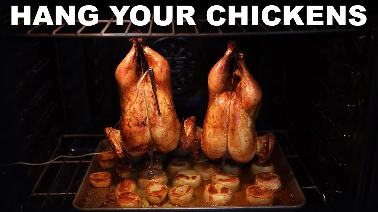 Hanging roast chicken, with 'nugget' potatoes