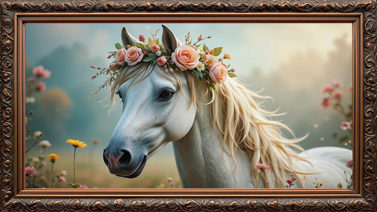 Whimsical Horse with Floral Crown 🌸🐎 | Romantic Equestrian Art | Framed TV Gallery