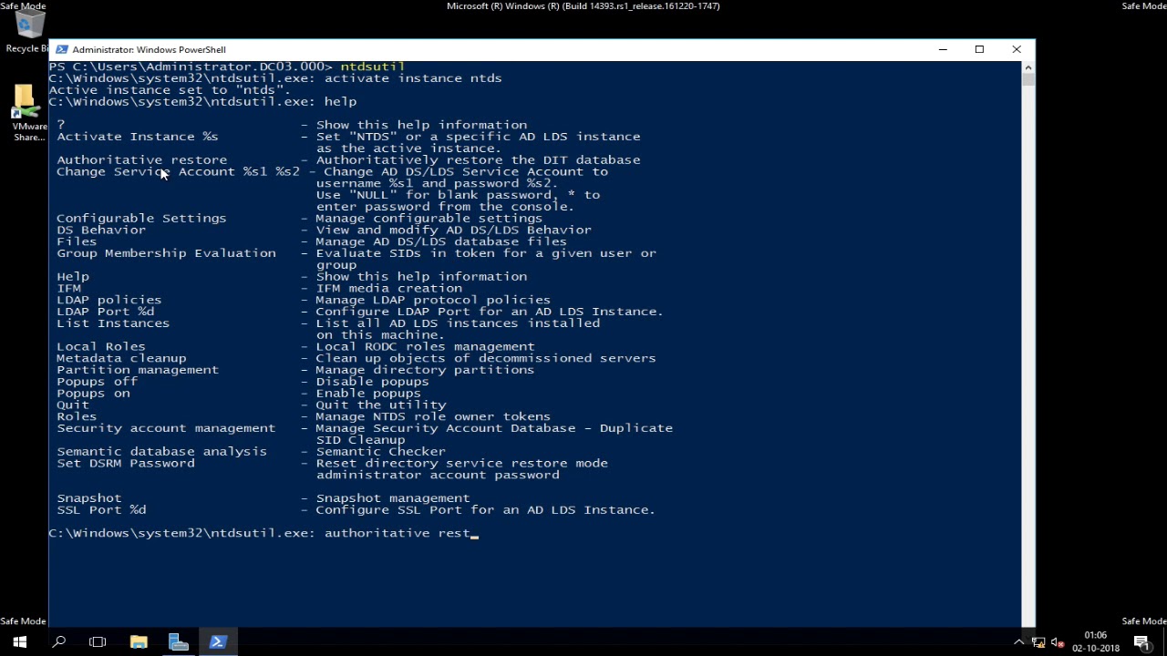Authoritative active directory restore with powershell
