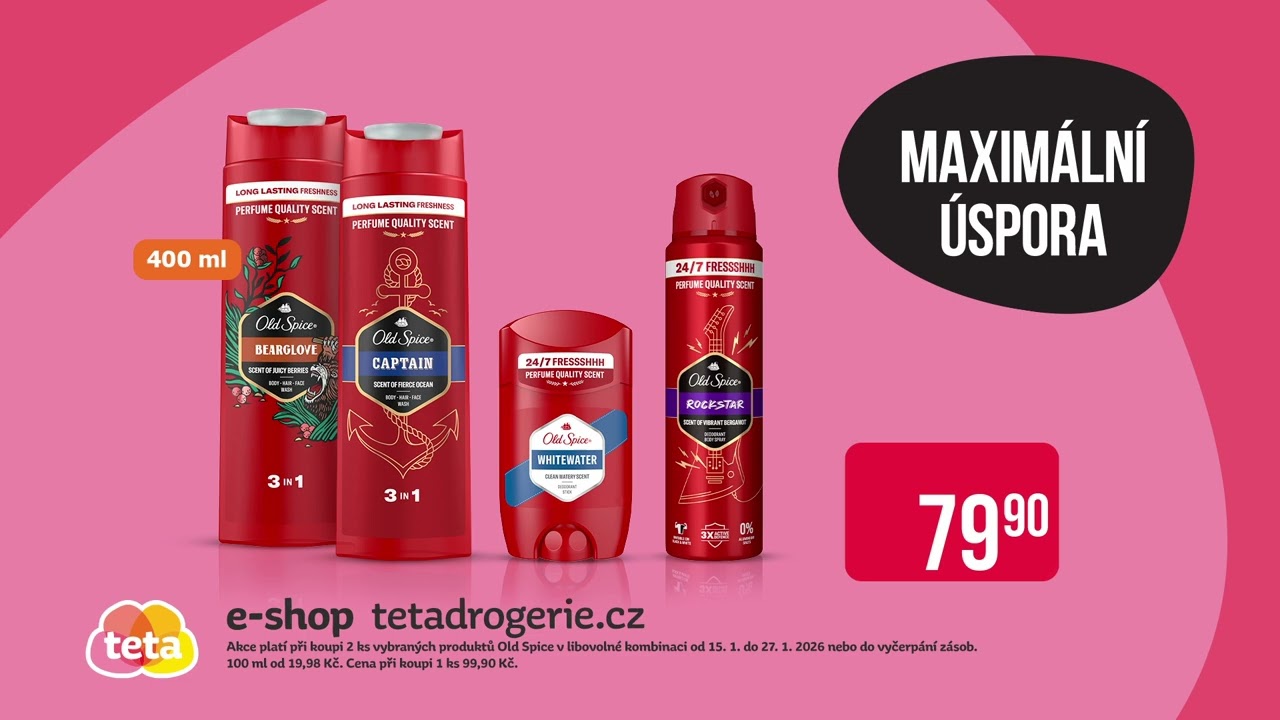 TV reklama Teta drogerie od 15. 1. 2026 - sleva na produkty Old Spice a garance na značku Sensodyne
