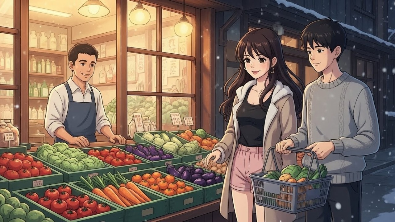 Winter Shopping Together at the Village Market | Cozy Couple Life | Ghibli Style ASMR
