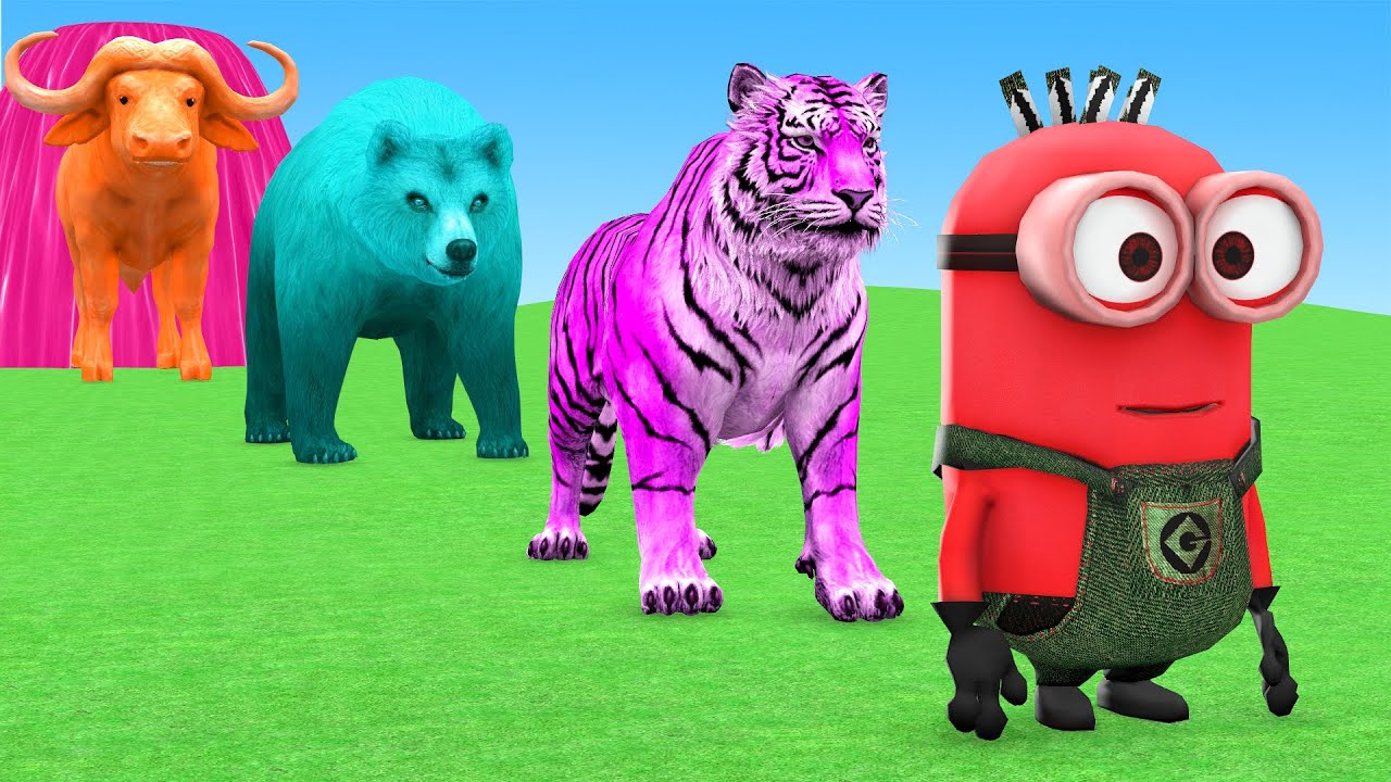 5 Giant Duck Cartoon,Cow,Elephant,Tiger,Lion,Dinosaur,Paint Wild Animals Crossing Fountain Animation