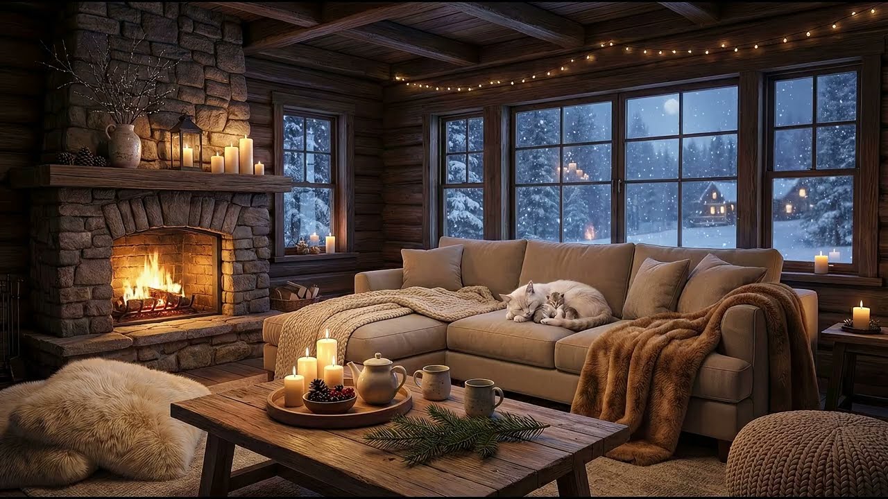 Warm Winter Night in a Forest Cabin ❄️| Falling Snow & Cozy Fireplace Ambience for Sleep