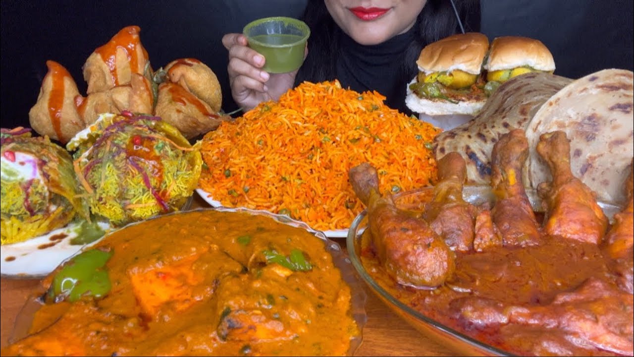 ASMR EATING LACHHA PARATHA,CHICKEN LEGPIECE CURRY,PANEER BUTTER MASALA,FRIED RICE,KATORI CHAAT