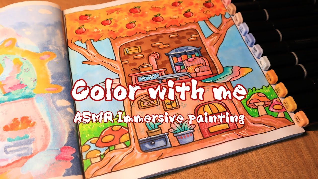 🌲A small home in the tree「Alcohol markers」no music｜no talking｜Relaxing Painting ｜ASMR
