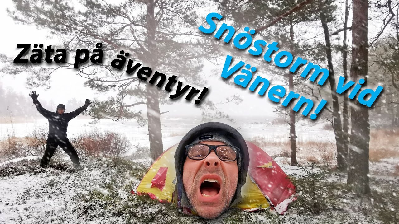 Zäta på äventyr campar i snöstorm vid Vänern, Segerstad skärgård/ Arnäsudde naturreservat.
