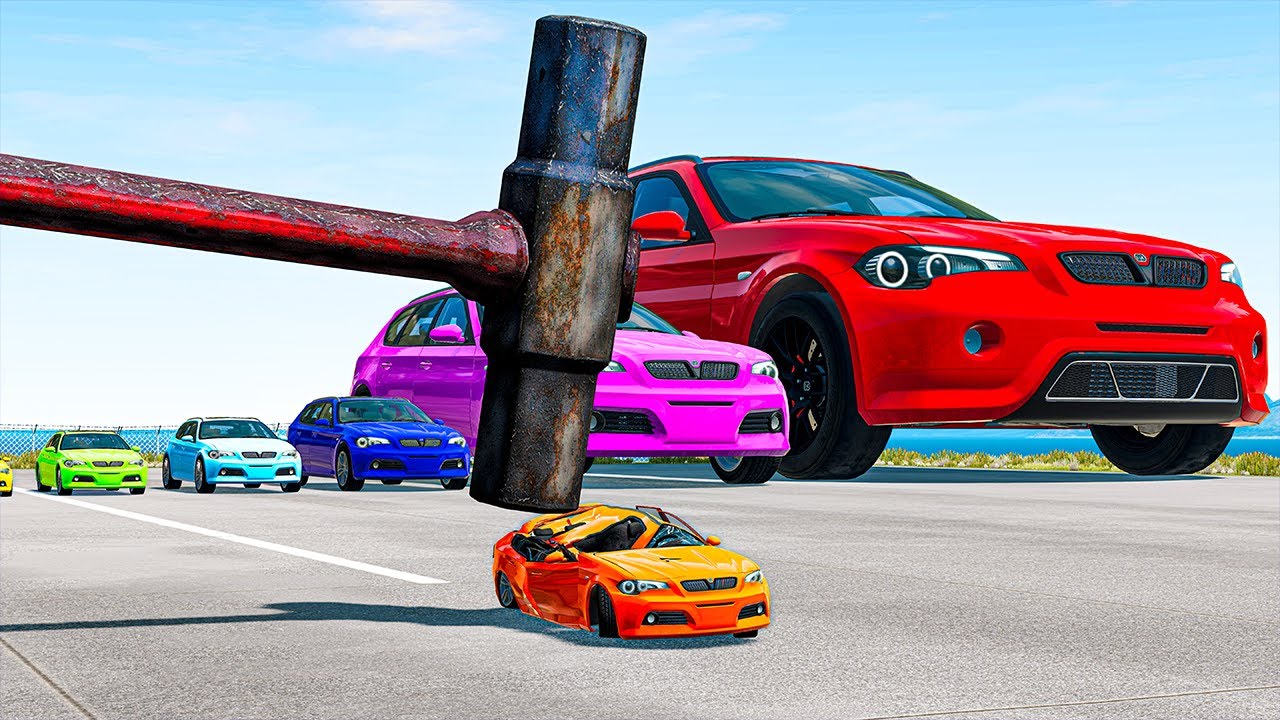 Small & Giant Rainbow Car vs Big Hammer in BeamNG.Drive