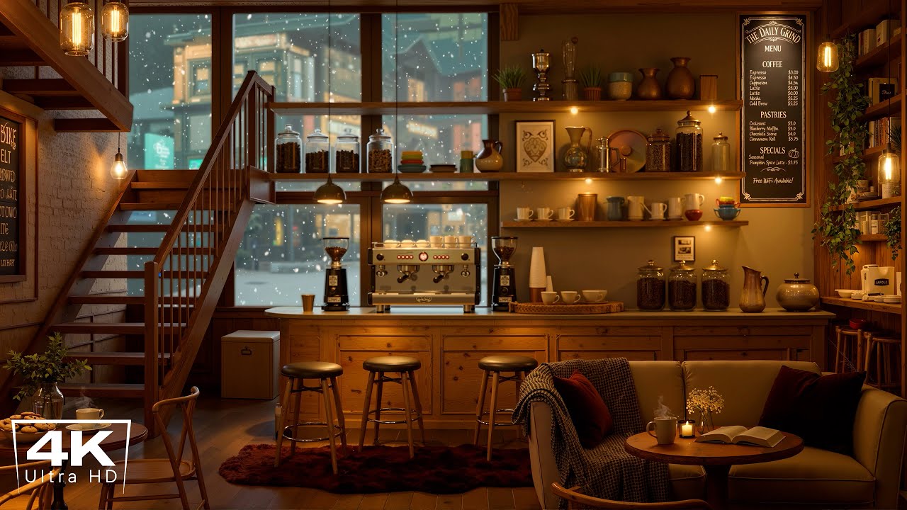 4K Warm Jazz Music at Winter Coffee Shop Ambience ☕ Relaxing Jazz Instrumental Music for Studying