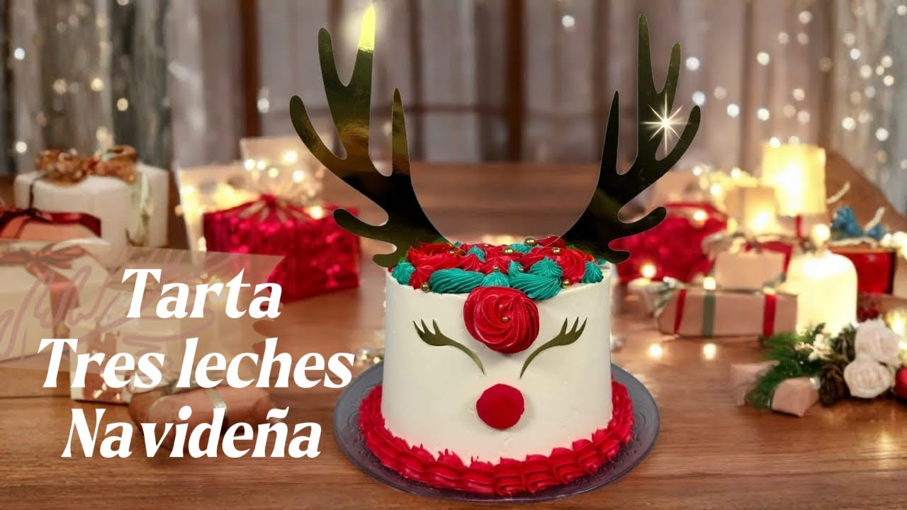 Tarta Tres Leches Navideña.Bizcocho Genovés Esponjoso+Relleno de Melocotón.Buttercream Rusa y Reno 