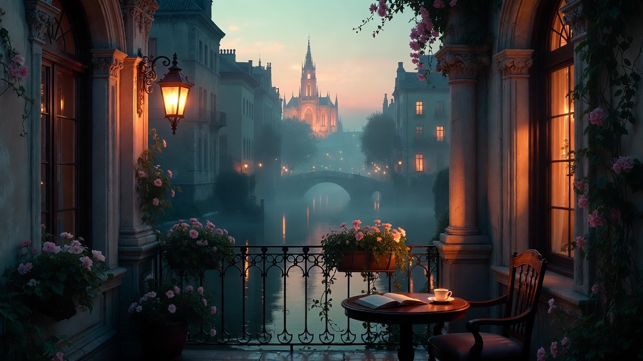 Spring Rain on a Flower-Covered Victorian Balcony by the Riverside City | Dark Academia Study