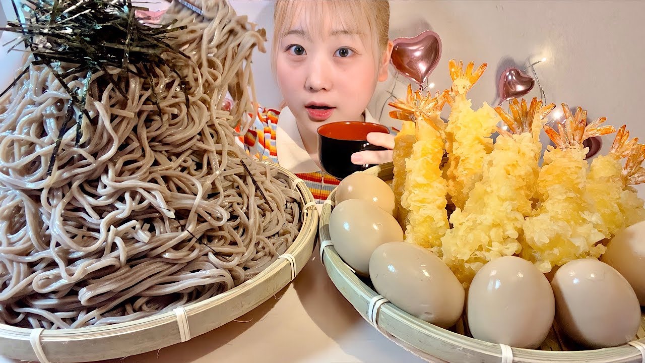 ASMR Жареные креветки Лапша по имени соба【русские субтитры】【Mukbang/ Eating Sounds】