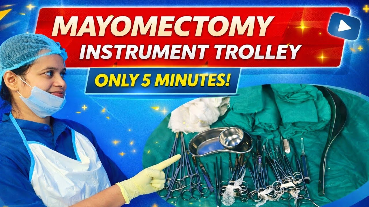What instruments are used in a myomectomy? Mayomectomy instrument trolley, 
