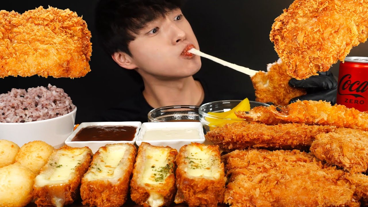 치즈 폭탄 돈까스, 통등심 돈까스 먹방! 왕새우튀김 크림치즈볼까지 CHEESE PORK CUTLET & FRIED SHRIMP MUKBANG ASMR EATING SOUNDS