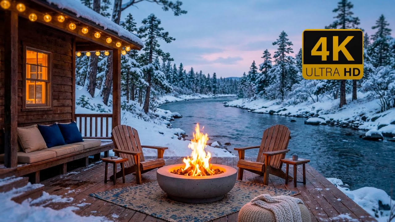 Cozy Winter Cabin by the River 🔥 Snowfall Fireplace Ambience | 4K Ultra HD