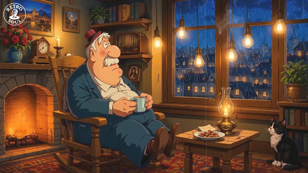 Timeless Oldies Playing in Another Room &mdash; Grandpa, Soft Lights, and a Rainy City View