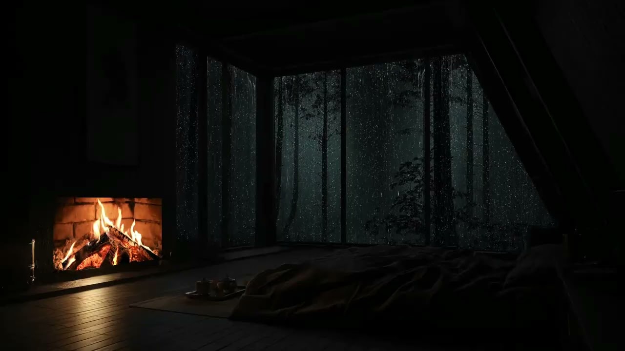 A quiet forest cabin surrounded by rain, where the night feels slow and deeply peaceful