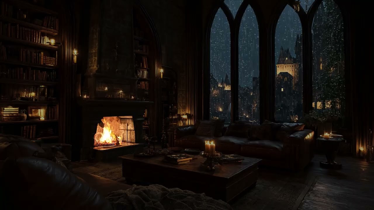 Dark Citadel During Midnight Tempest | Warm Fire Ambience for Mental Stillness