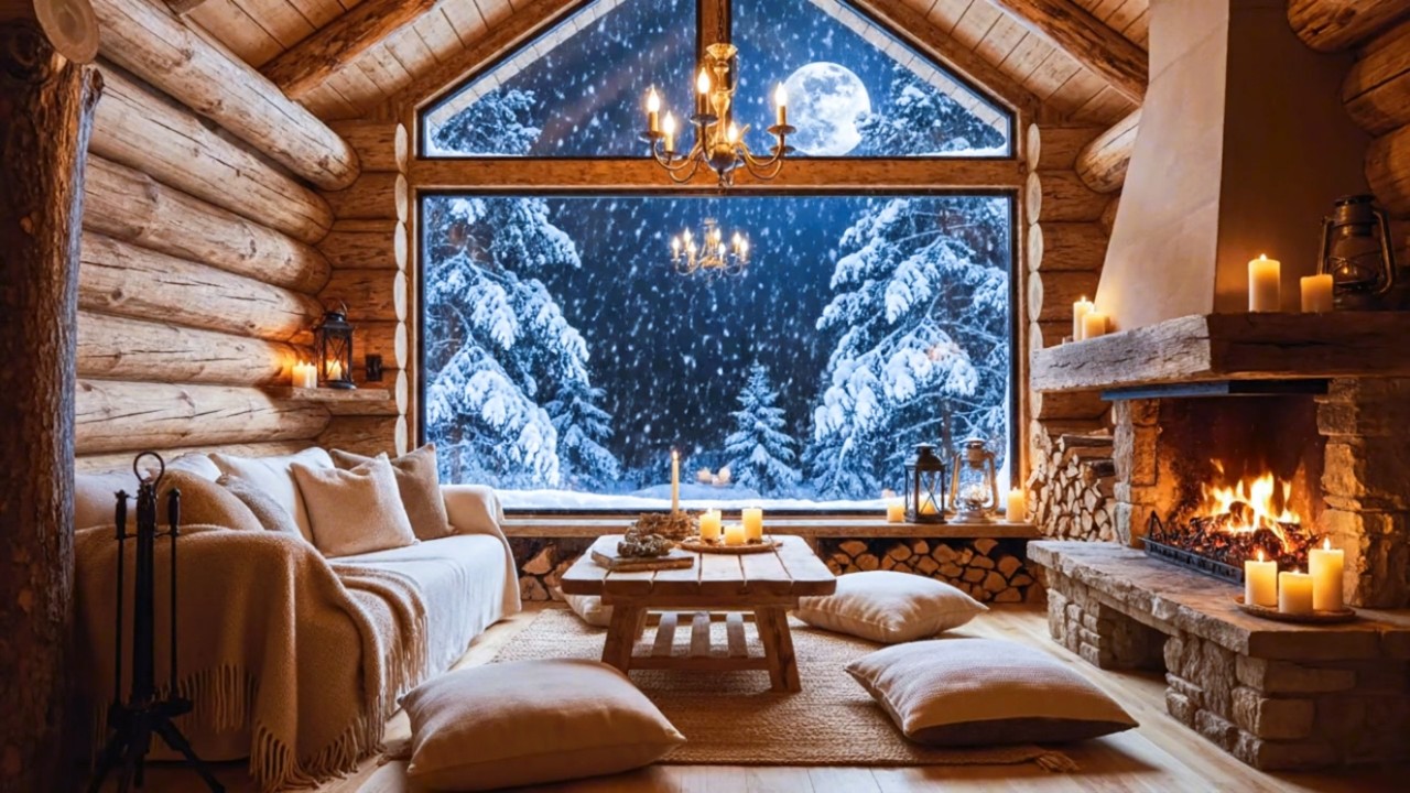 Cozy Wooden Cabin Fireplace & Snowfall ❄ Deep Sleep Ambience (No Music)