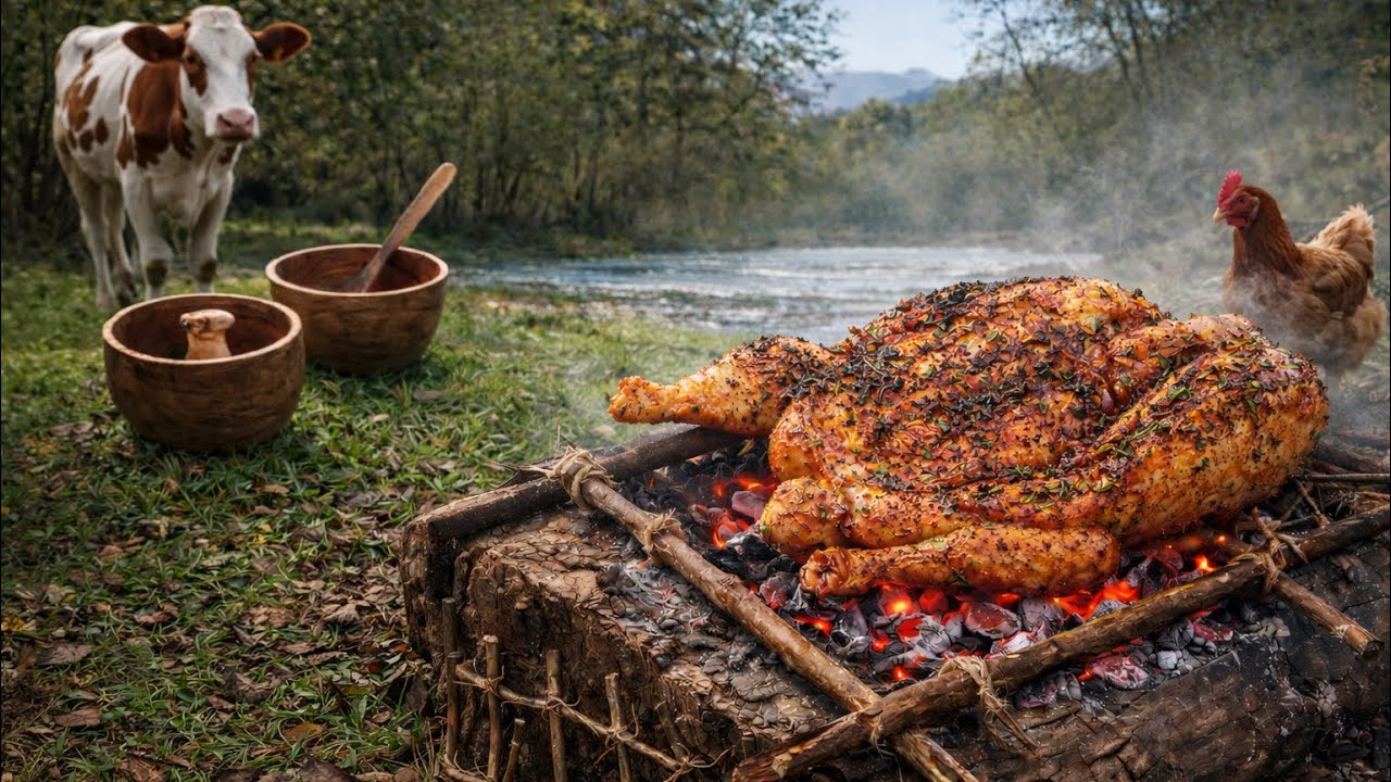 “Grilling Chicken in the Wild: Handmade Wooden Grill, River Views & Cowbells! Survival Cooking ASMR”