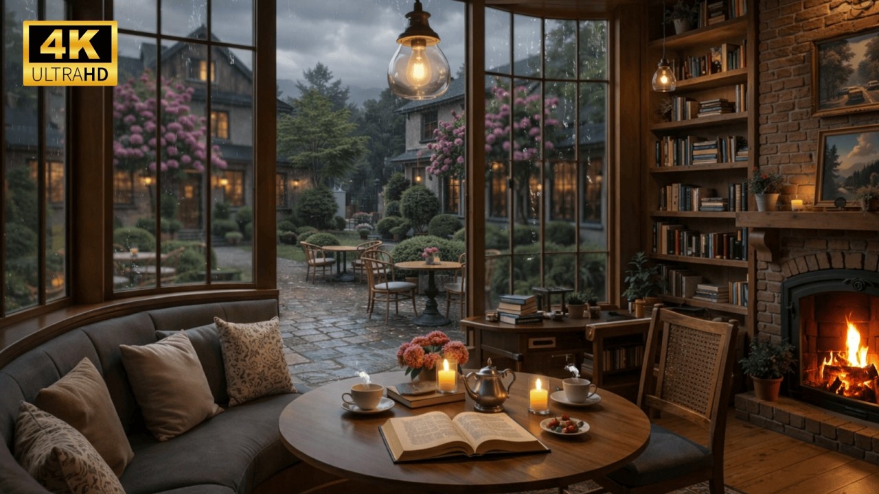 Rainy Afternoon in a Cozy Coffee Shop 🌧️☕🔥 Soft Jazz Piano & Warm Fireplace Ambience for Relaxation