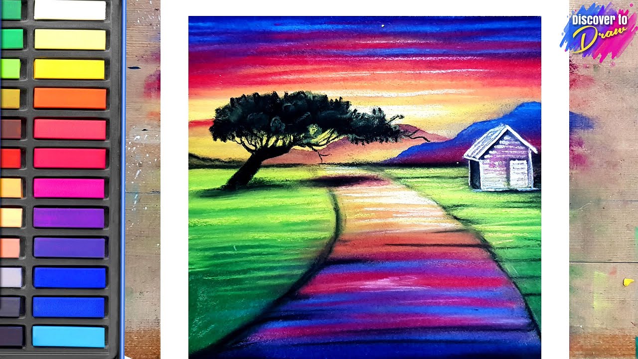 How to Draw Nature Scenery with Pastels_Sunset and Houses
