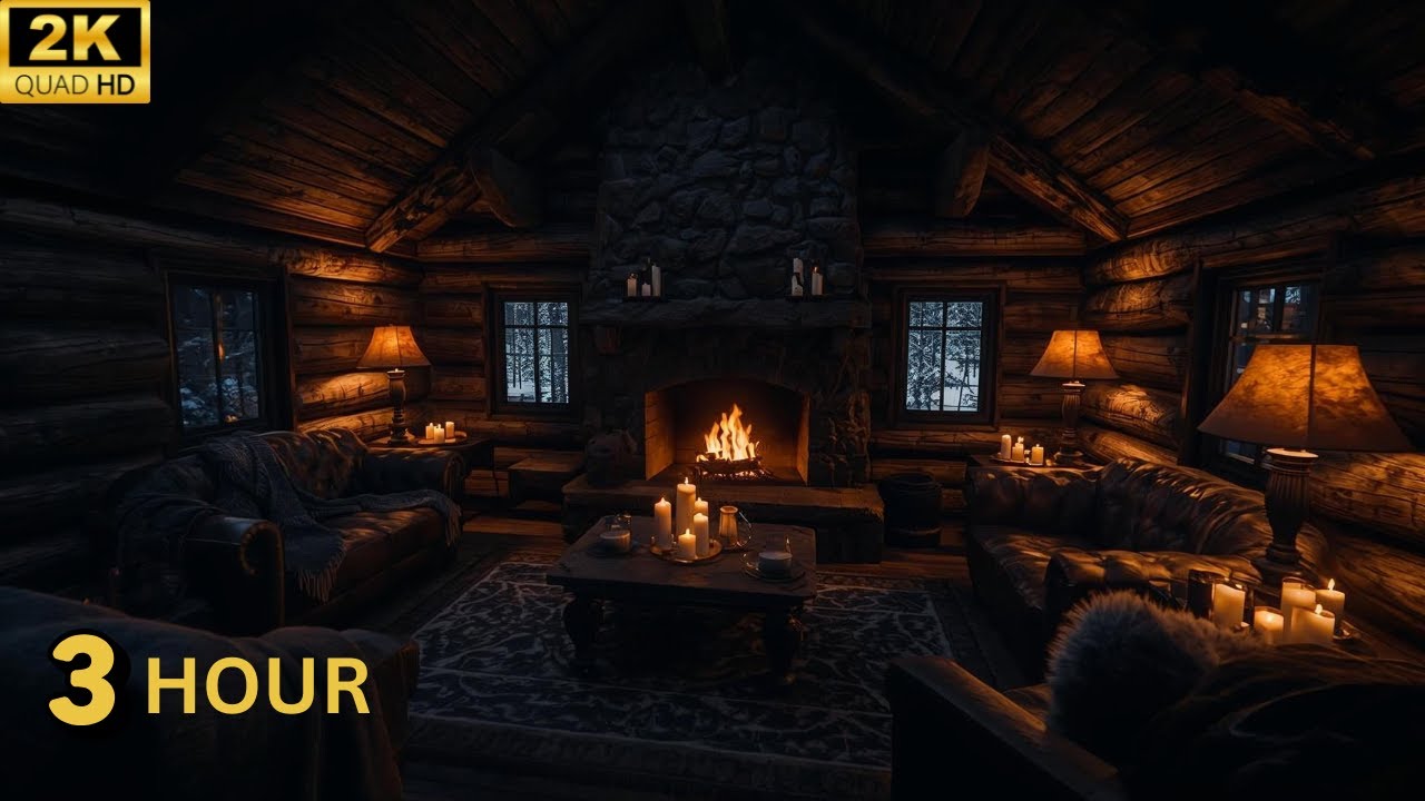 3 Hours in a Dark Cozy Cabin with Fireplace & Candles for Deep Relaxation 🕯️🔥