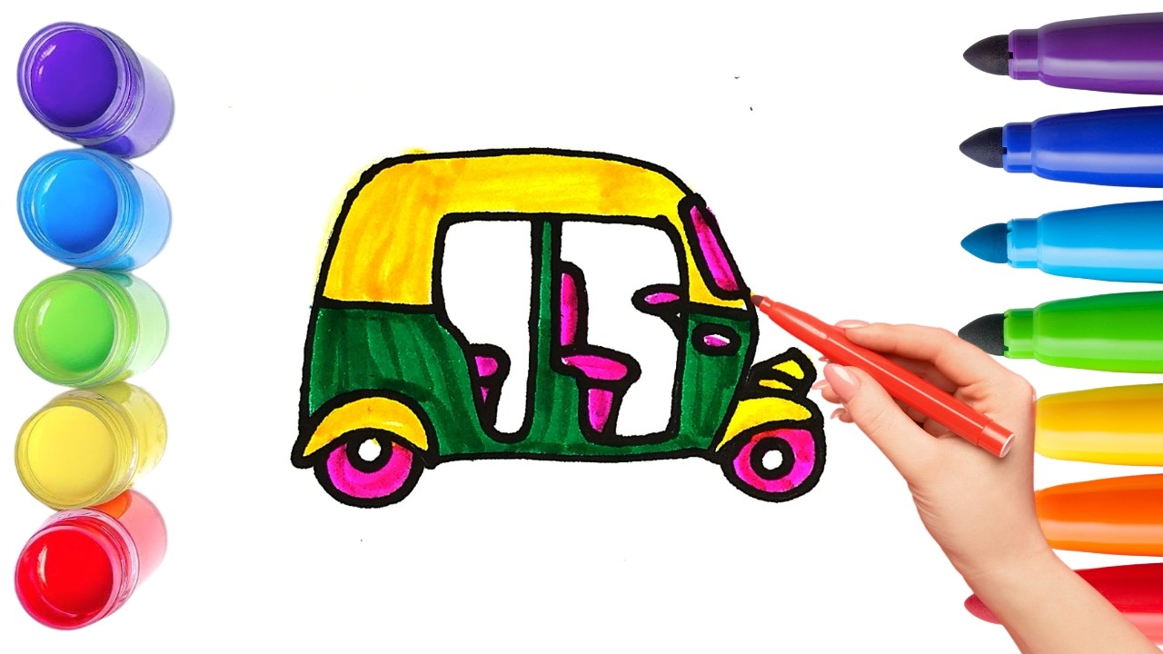 How To Draw cute RICKSHAW Drawing, Painting & Coloring For Kids and Toddlers_🌈🎨