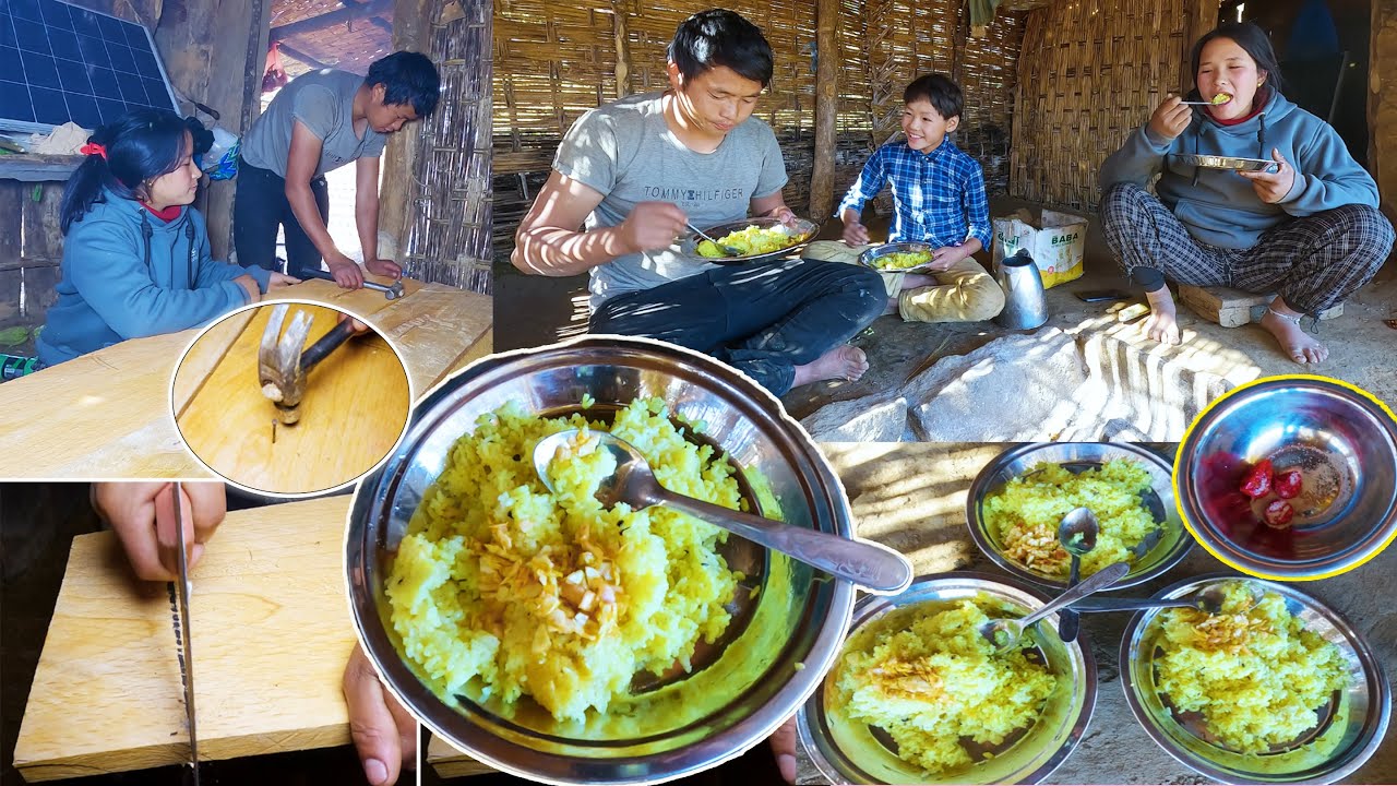 We are making wooden bed in the shelter || Enjoying Yellow fry rice together@bhumivillagevlogs