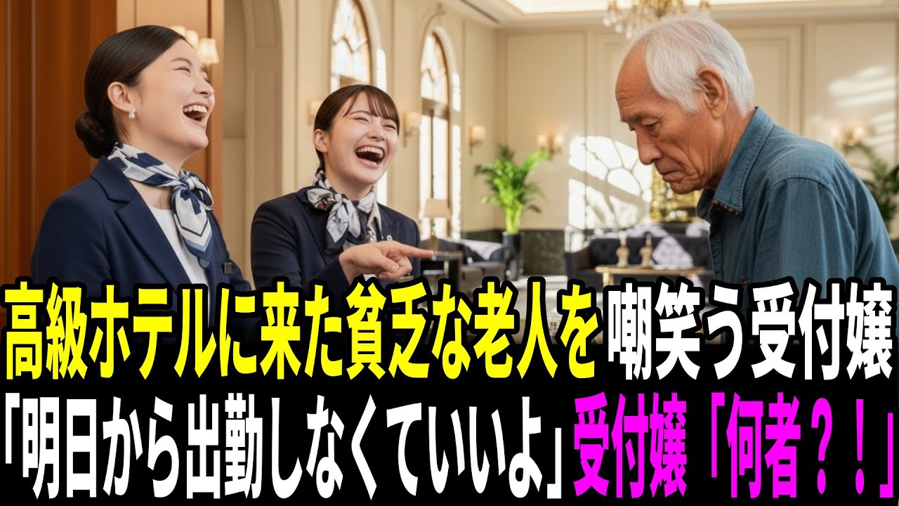 高級ホテルにバスで来た貧乏そうなお爺さんを見てゲラゲラ笑う受付嬢。男｢明日から出勤しなくていいよ｣受付｢誰！？｣