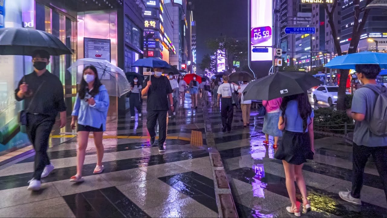 [4K Seoul] Gangnam walking in a rainy day - Rainy Night Walk, ASMR, City sounds | Korea