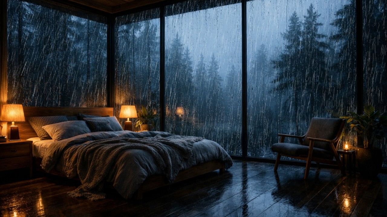 Heavy Rain Sounds at Night | Cozy Cabin ASMR for Deep Sleep & Relax